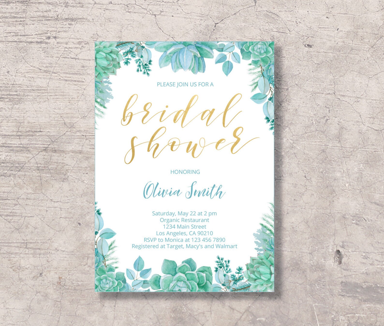 Succulent Bridal Shower Invitation Printable Mint Green Gold Etsy