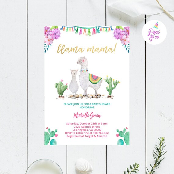 llama and cactus baby shower invitations