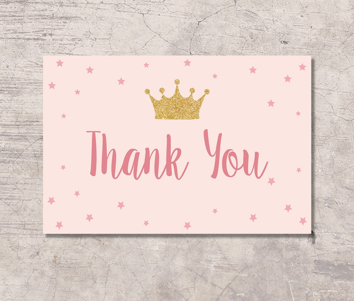 Princess Thank You Card Printable pink gold glitter digital | Etsy
