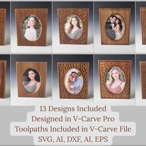 May include: Ten wooden photo frames with oval apertures, each holding a different photograph. The frames feature detailed carved patterns. Text at the bottom states "13 Designs Included" and file type information.