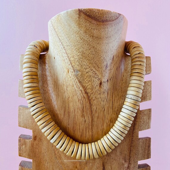 Vintage Wood Bead Necklace - chunky wooden disc b… - image 1