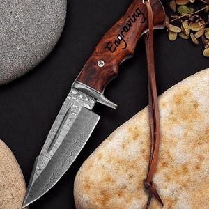 Engraved Damascus Hunting Knife – Rosewood Personalized Engraving 10&quot; Knife – Groomsmen Wedding Gifts, Husband Anniversary Gift For Him