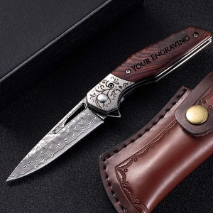 Engraved Pocket Knife Gift, Personalized Damascus Folding Knife, Custom VG10 Engraving, Groomsmen Father Husband Anniversary Gift VP60 image 1