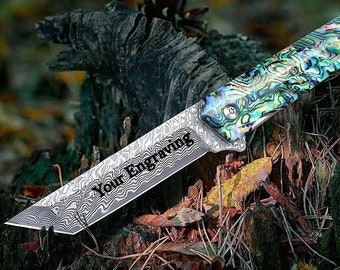 Engraved Damascus Pocket Knife - Tanto Folding Knife with Exquisite Abalone Handle - Unique Gift for Him - Husband Boyfriend Dad Gifts NR05