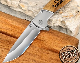 Personalized Pocket Knife: Engraved Olive Wood Handle, 440 Steel Blade