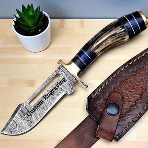 Personalized Damascus Hunting Knife: Antler Handle, Engraved Groomsmen Gift