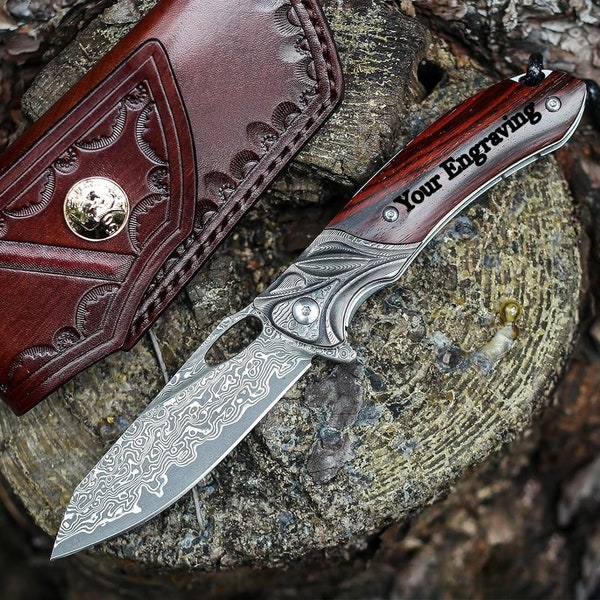 Engraved VG10 Damascus Folding Knife | Personalized Pocket Knife | Rose Wood Handle Knife | Wedding Husband Anniversary Father Gift | NR38