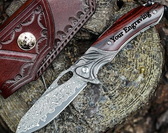 Engraved Damascus Folding Knife: Rosewood Handle, Personalized Pocket Knife