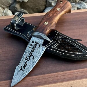 Engraved Damascus Hunting Knife: Rosewood Handle, Collectible Knife