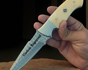 Engraved Damascus Hunting Knife – Bone Handle, 8 Inch Blade
