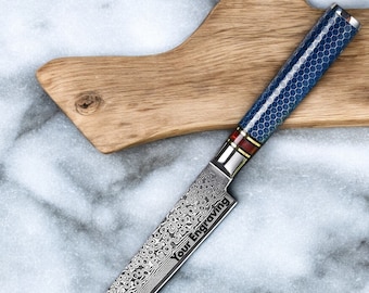 Cuchillo para pelar de Damasco grabado: acero VG10 de 6", mango de resina