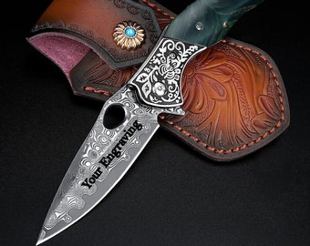 Engraved VG10 Damascus Pocket Knife, Gifts For Him, Sandal Wood Handle Folding Knife, Wedding Anniversary Husband Dad Gift | NR07