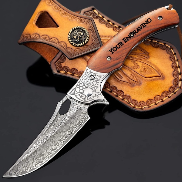 Personalized Damascus Pocket Knife Gift | Custom Engraved Damascus Folding Knife | Rose Wood Handle Knife | Groomsmen Wedding Gift | VP52