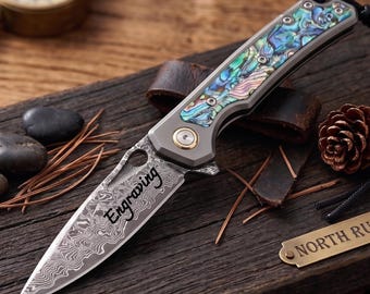 Engraved Damascus Pocket Knife - EDC Folding Knife with Abalone Handle Gift For Him