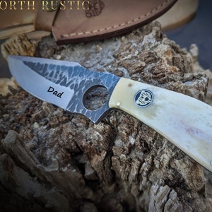 Buffalo Bone Hunting Knife | Custom Engraved Knife | Hammered Knife | Groomsman Gift | Outdoors Camping Knife | Father&#39;s Day Gift | NR05-1