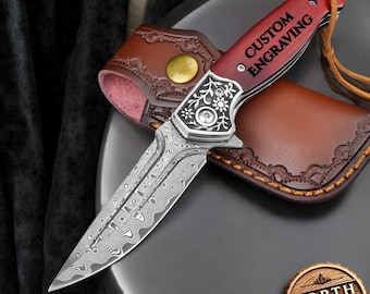 Engraved Damascus Steel Pocket Knife, Rosewood Handle, Personalized Gift