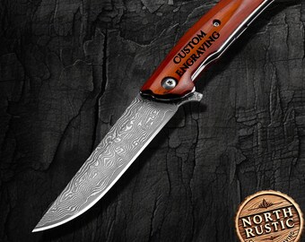 Engraved Damascus Folding Knife, Rosewood Handle, Gift for Him