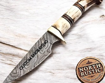 Engraved Damascus Hunting Knife, Deer Antler Handle, Father's Day Gift