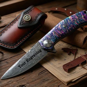 Damascus Pocket Knife: Purple Abalone Handle, Personalized Folding Knife