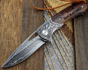 Personalized Engraved Pocket Knife | Desert Iron Wood Damascus Knife | VG10 Custom Folding Knife | Personal Engraving Gift | VP20