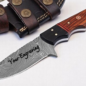 Personalized Damascus Hunting Knife: Rosewood Handle, Engraved Gift