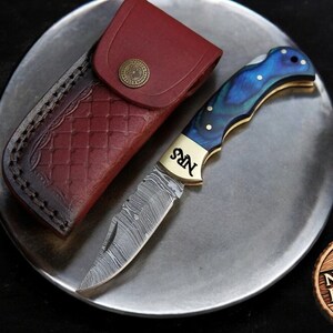 Engraved Damascus Steel Pocket Knife: Blue Pakka Wood Handle, Groomsmen Gift