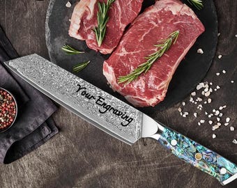 Engraved Damascus Kiritsuke Chef Knife: Abalone Shell Handle, 8" Blade VG10 Steel