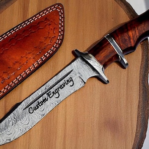 Engraved Damascus Hunting Knife – Rosewood Handle Personalized Knife – Groomsmen Wedding Gifts, Fathers Day Husband Anniversary Gift For Him
