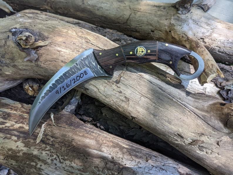 Custom Engraved Karambit Hunting Knife Wenge Wood Hammered | Etsy