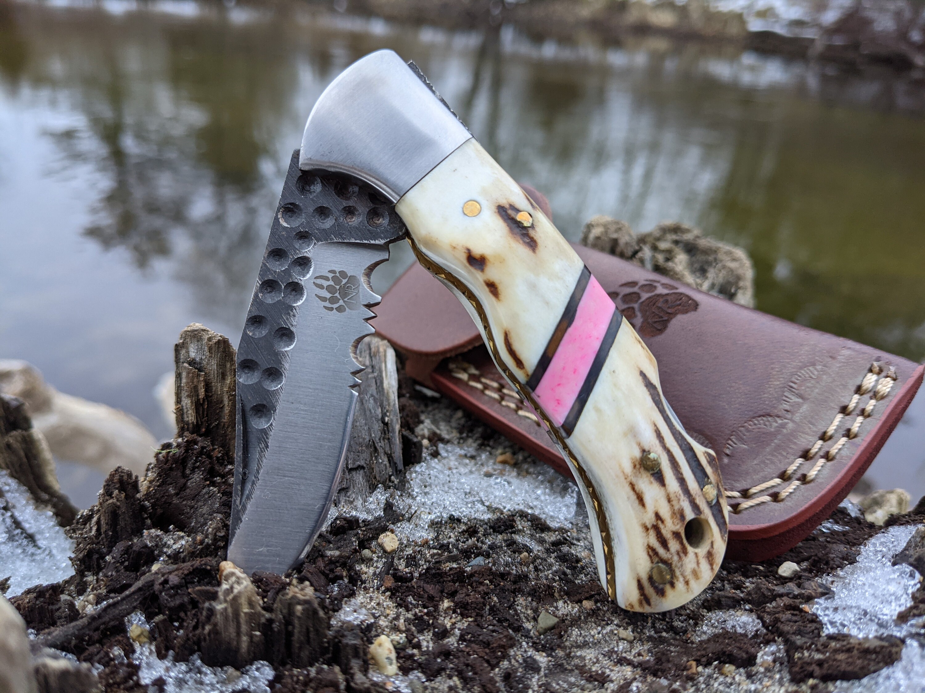 Engraved Pocket Knife Deer Antler Knife Pink Coral Folding Etsy