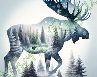 Winter Moose Forest Print: Nature Animal Cabin Decor (Digital Download)