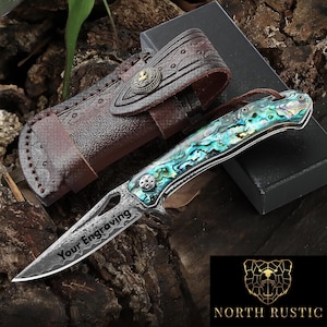 Engraved Abalone Damascus Pocket Knife, Personalized Engraving Tanto Blade Folding Knife, Wedding Anniversary Groomsmen Gift For Him RL17