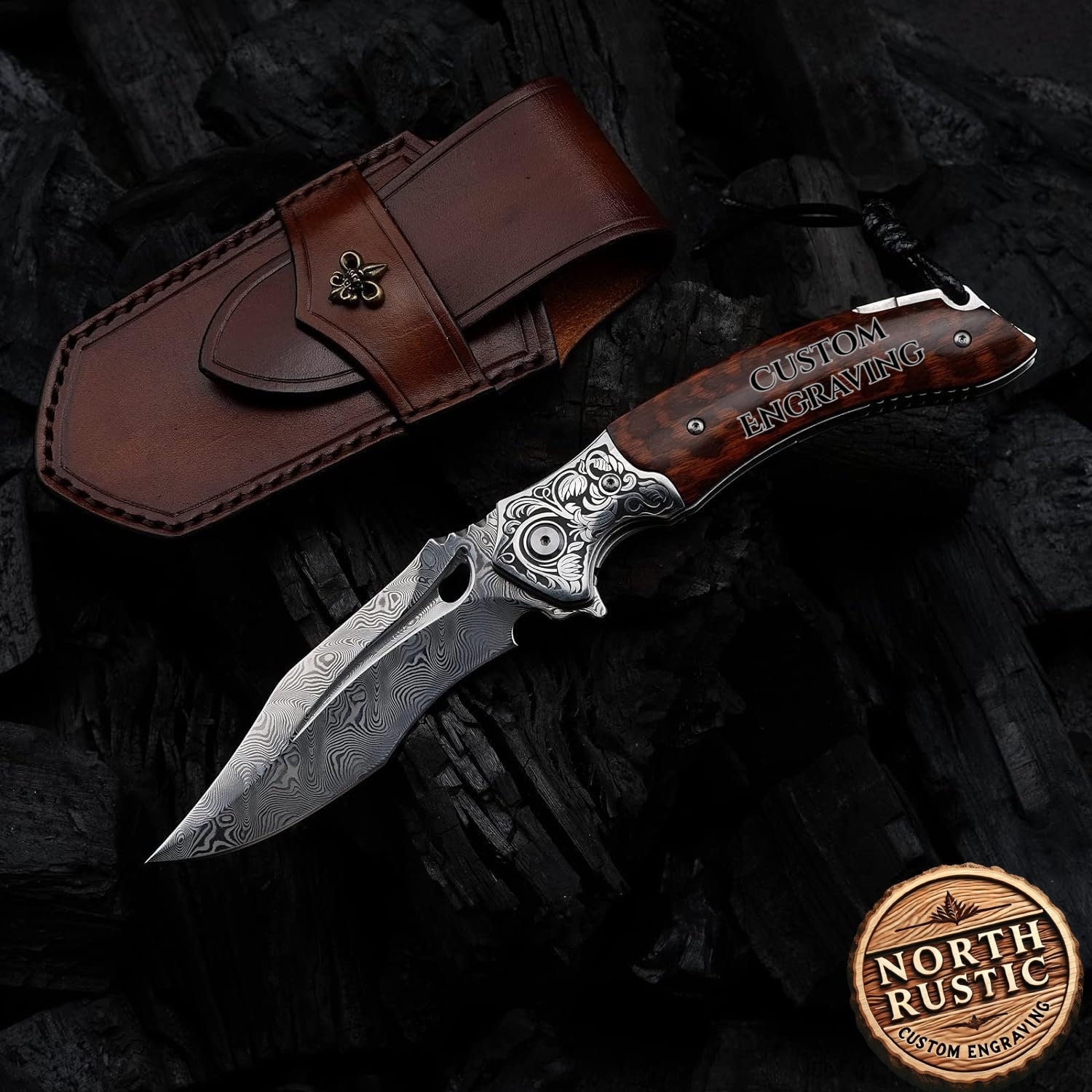 Engraved Damascus Pocket Knife: VG10 Folding Knife With Snake Wood