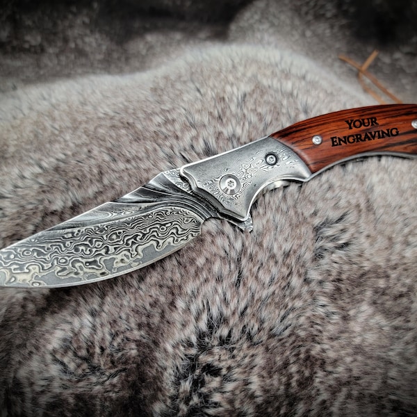 Gift For Him Engraved Pocket Knife, Engraving Damascus Folding Knives, Groomsmen Wedding Holiday Birthday Father Personalized Gifts VP55