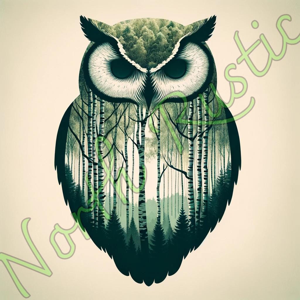 Horned Owl Birch Forest Print: Nature Animal Wall Art (Digital Download)