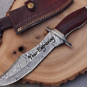 Engraved Damascus Hunting Knife – Rosewood Handle Personalized Knife – Groomsmen Wedding Gifts, Fathers Day Husband Anniversary Gift For Him