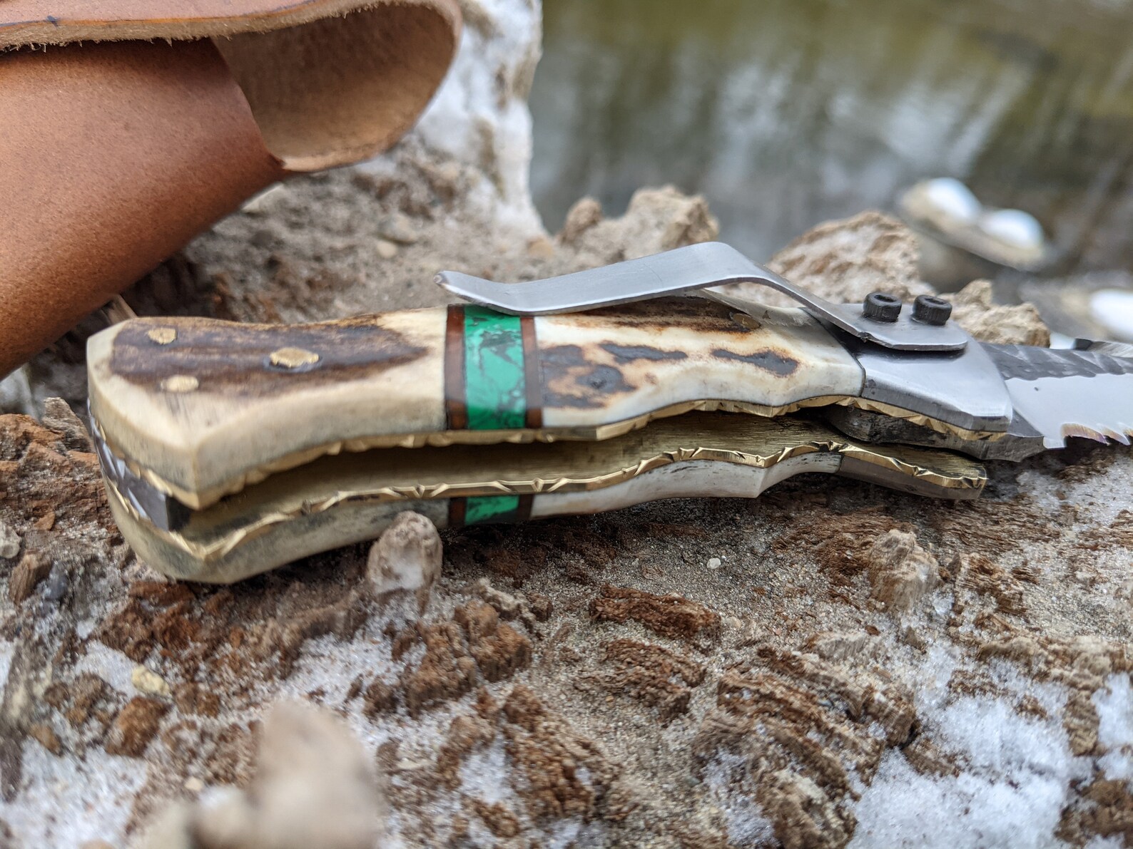 Engraved Pocket Knife Deer Antler Knife Malachite Single Etsy