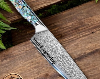 Engraved 8&quot; Damascus VG10 Chef Knife Kitchen Culinary Personalized Abalone Shells Knives Professional Premium Home Goods Gift Utility VC15