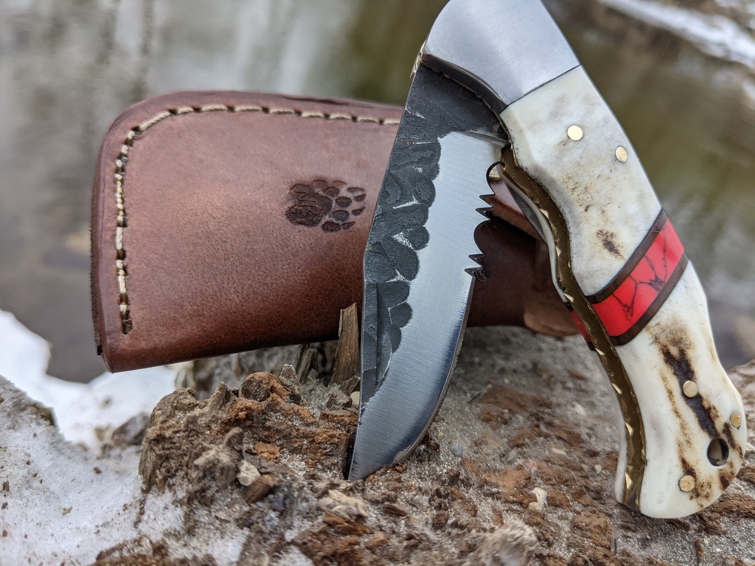 Engraved Pocket Knife Deer Antler Knife Red Turquoise Etsy