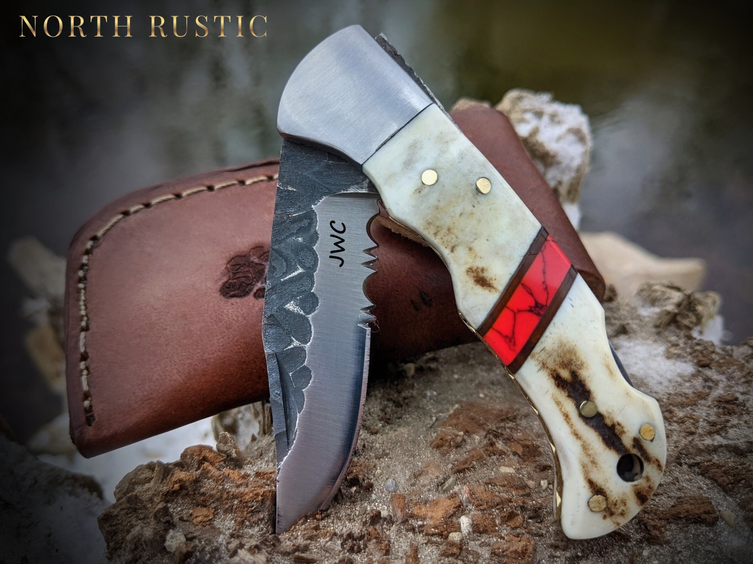 Engraved Pocket Knife Deer Antler Knife Red Turquoise Etsy