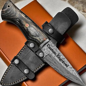 Engraved Damascus Hunting Knife – Pakka Wood Personalized Engraving 10&quot; Knife – Groomsmen Wedding Gifts, Husband Anniversary Gift For Him