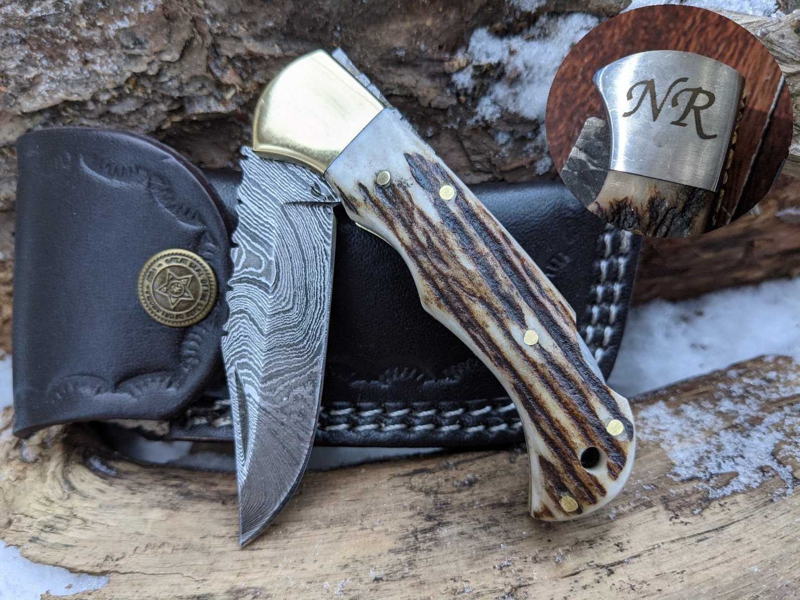 Damascus Deer Antler Knife Engraved Pocket Knife Personal Etsy