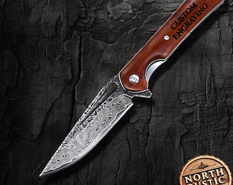 Engraved Damascus Folding Knife: Rosewood Handle, Personalized Pocket Knife