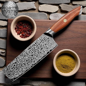 Engraved Cleaver Knife 7&quot; Damascus Kitchen Knife Walnut Wood Culinary Personalized Utility Professional Knives Premium Quality KL42