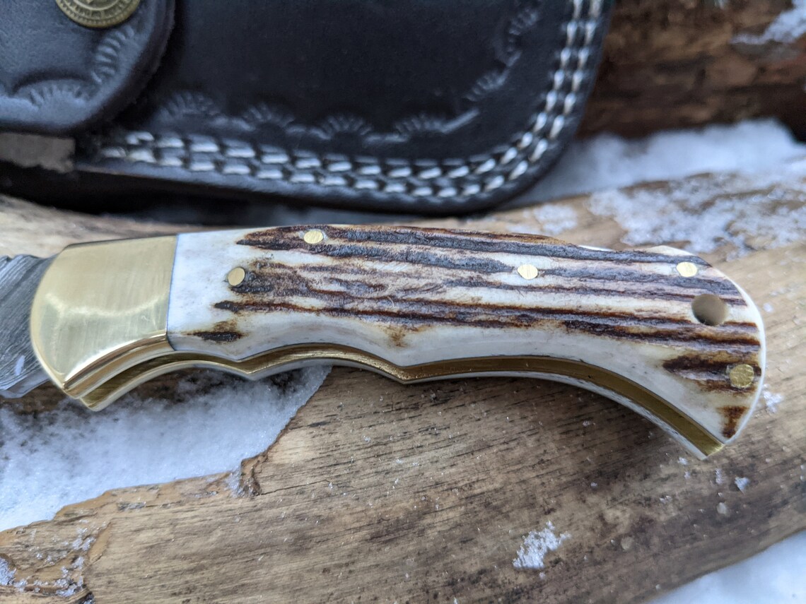 Damascus Deer Antler Knife Engraved Pocket Knife Personal Etsy
