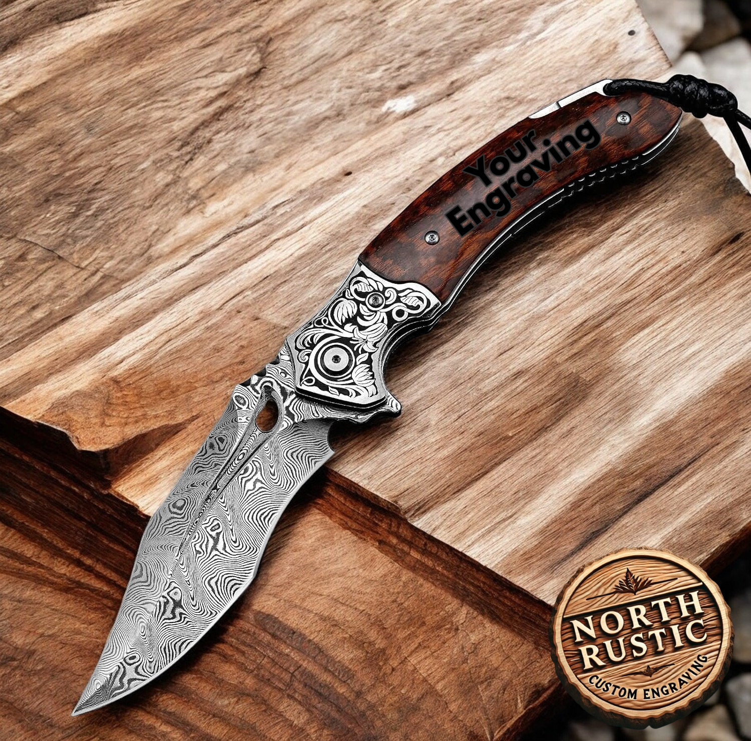 Engraved Damascus Pocket Knife: VG10 Folding Knife With Snake Wood