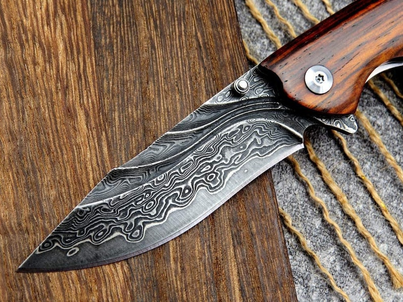 Engraved VG10 Damascus Folding Knife Personalized Pocket Knife Rose Wood Handle Knife Wedding Husband Anniversary Father Gift VP15 image 2