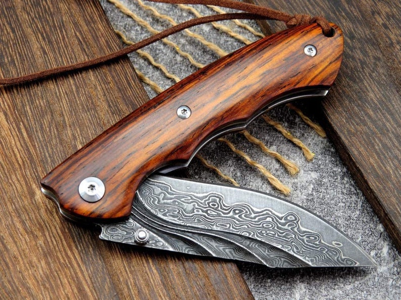 Engraved VG10 Damascus Folding Knife Personalized Pocket Knife Rose Wood Handle Knife Wedding Husband Anniversary Father Gift VP15 image 4