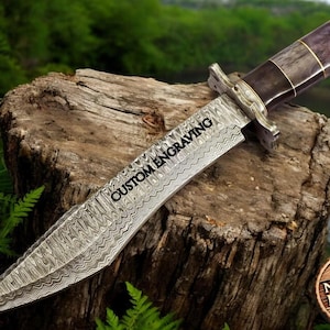 Engraved Damascus Hunting Knife: Stained Bone & Wood Handle