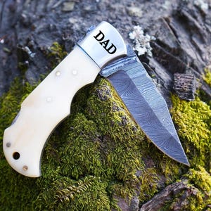 Pocket Folding Knife With Camel Bone Handle - 6.5&quot; Damascus Folder - Unique Anniversary Gift - Wedding Groomsman Husband Gifts